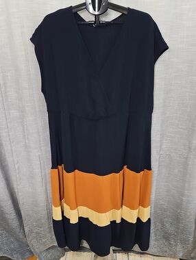 BloomChic Navy Maxi Dress with Orange and Cream Bands